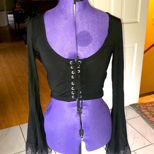 Black Flare Sleeve Lace Up Crop Top